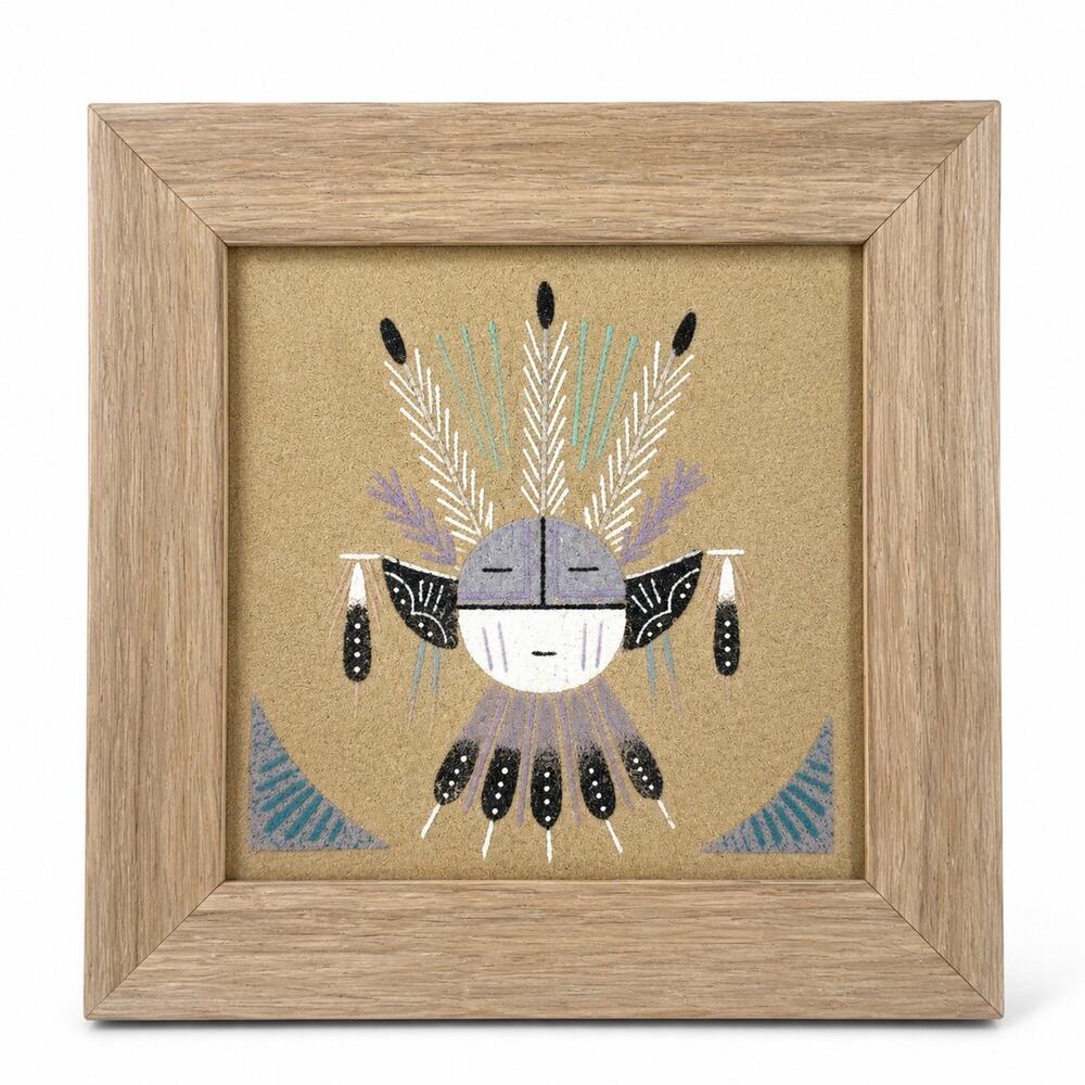 Native American Style Sun Shield Framed Sand Painting Signed 8.5x8.5 Wall Art